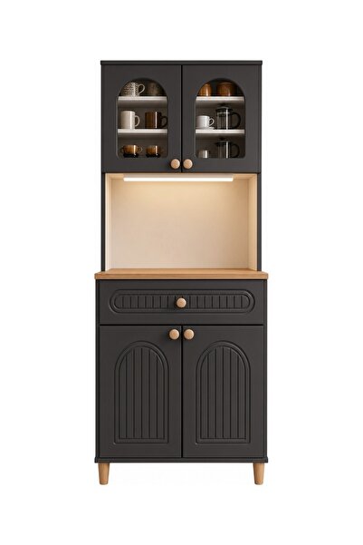 UPSTYLE Barista LED Aydınlatmalı Kahve Köşesi Dolabı Retro Büfe 195cm MDF Ant...