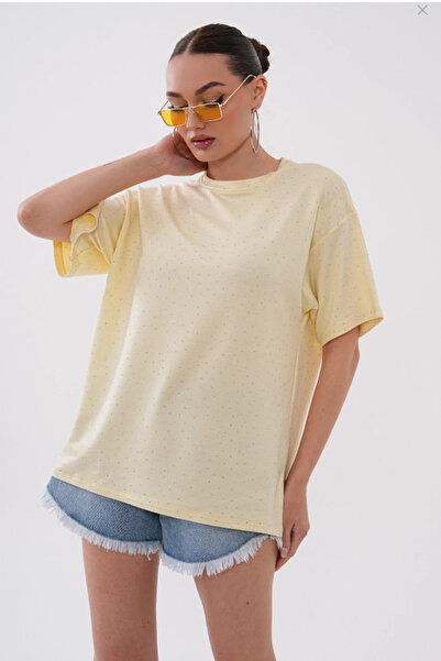 PIOVE Women's Stone Detailed Oversize Basic T-Shirt with Crew Neck and Short ...