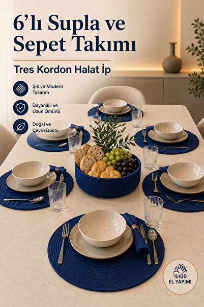 risingmaber Mavi El Yapımı Tres Kordon 6lı Supla ve Sepet Takımı ve Amerikan ...