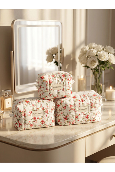PURSEMARK Vintage Çiçek Desenli Kapitone El Yapımı (3'lü Set ) Makyaj Çantası...
