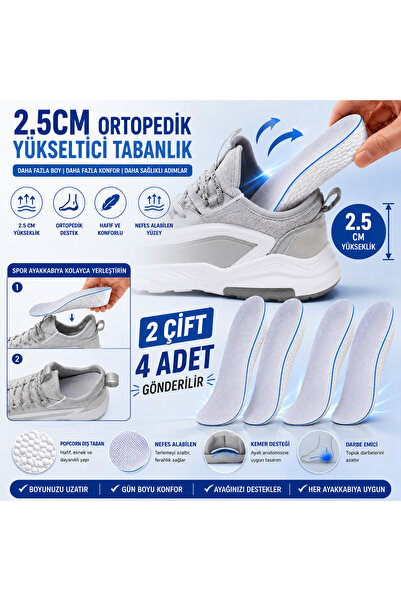 MUBX 2,5 cm Boy Uzatıcı Tabanlık Ortopedik Hava Yastıklı Topuk Boy Yükseltici (Beyaz)
