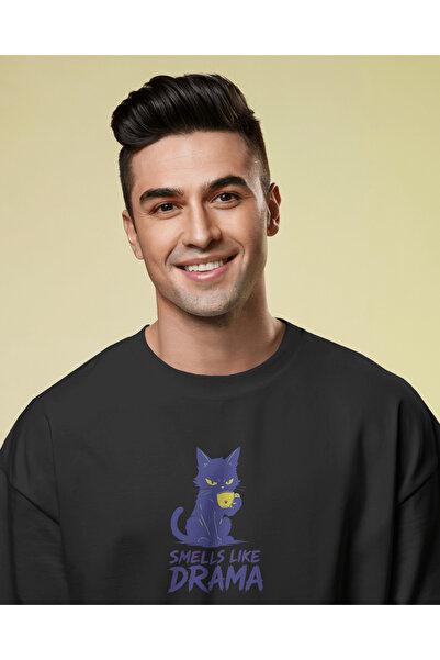 buzagi Smells Like Drama Oversize Unisex Black T-Shirt