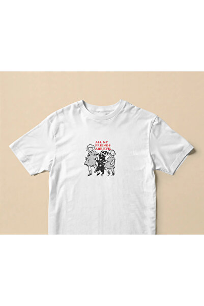 buzagi All My Friends Are Evil Regular Unisex White T-Shirt