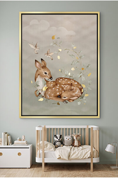 Jasmine Art Resting Deer & Gold Leaves Kids Wall Art | Portrait Framed Canvas...