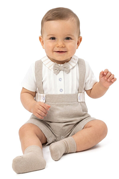 bebegen Baby Boy White Beige Striped Overalls with Suspender Bow Tie and Stri...