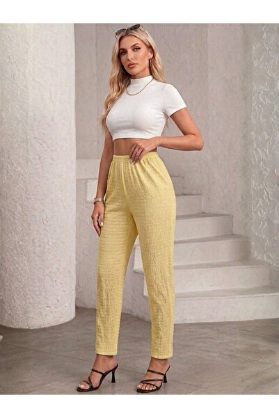 Flubutik Women's Yellow High Waist Wrinkled Fabric Summer Home & Casual Trousers