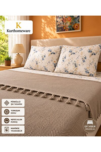 KURT Bella Home Çift Kişilik Pike Takımı Püsküllü Şık Tasarım Yumuşak Dokulu