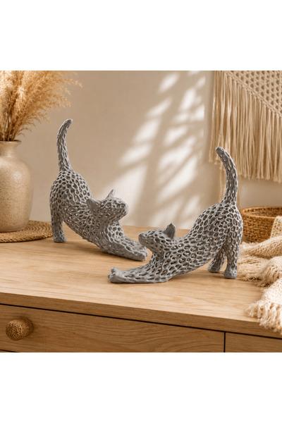 CynDesign Dekoratif Esneyen Kedi 2’li Biblo 3D Baskı Modern Bohem Ev Ofis Mas...
