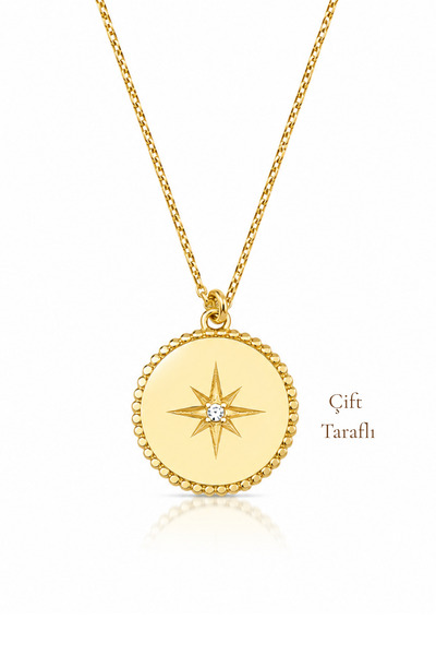 KAIROS JEWELRY 14 Ayar Altın Pırlantalı Kuzey Yıldızı Madalyon Kolye