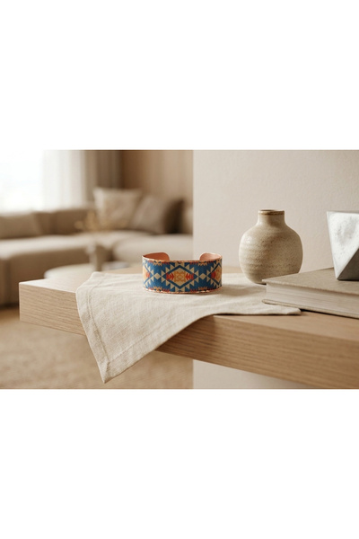 Erol Bakır Copper Blue Anatolian Kilim Patterned Wide Adjustable Clamp Bracelet