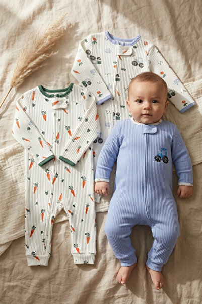 Mıdırık 3'lü Paket Pamuklu Fitilli Bebek Tulum Seti - Havuç Ve Traktör Desenl...