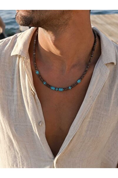 MITH SB TAKI Bohemian Men's Necklace with Wood and Turquoise Turquoise Stone ...