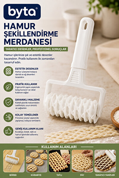 BYTA Hamur Şekillendirme Merdanesi Kafes Desenli Hamur Kesici ve Şekillendiri...