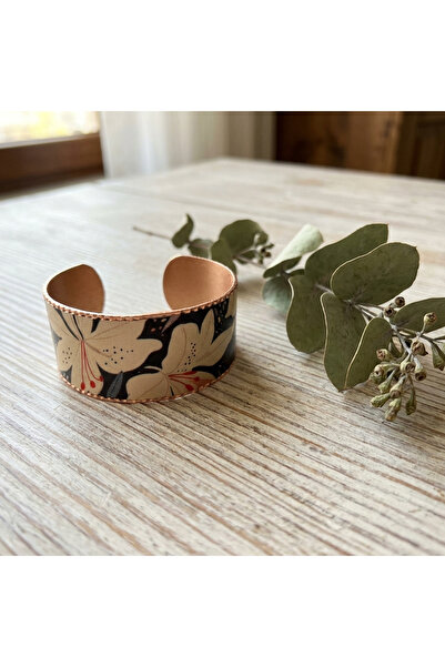 Erol Bakır Copper White Lily Patterned Wide Adjustable Clamp Bracelet