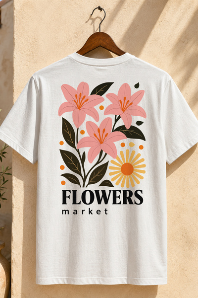 Spoyi Flower Market Design 100% Cotton Half Oversize White T-Shirt