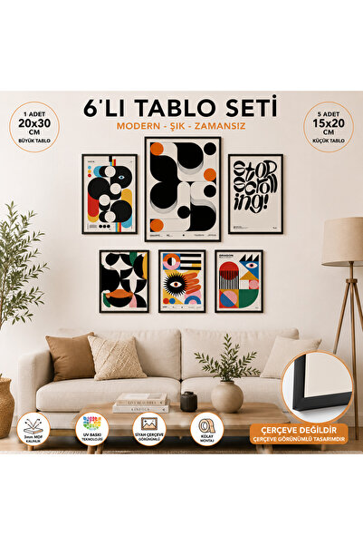 kids town 6'lı Modern Geometrik Duvar Tablo Seti – Siyah Çerçeve Görünümlü UV...