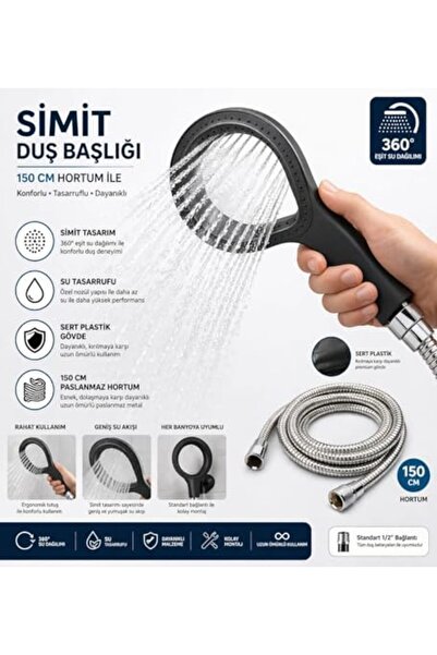 Yıldızan Nry Shop Simit Shower Head Hard Plastic, Hand Shower with 150 cm Sta...