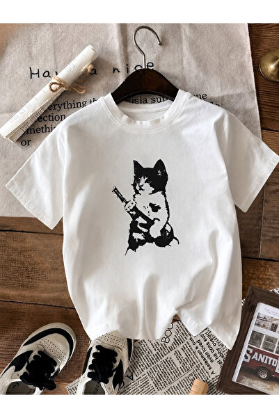 ZİYMO Unisex Y2K Guitar Black Cat Printed Oversized T-Shirt
