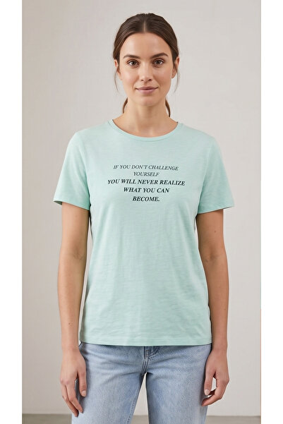 Collezione Women's Mint Green 100% Cotton Text Printed T-Shirt - Crew Neck T-...