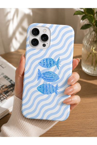 OVADA İPhone 14 Pro Max Uyumlu Mavi Balık Desenli Kadife Soft Telefon Kılıfı