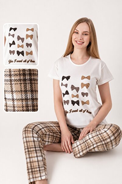 CottonVia Women's Pajama Set, 100% Cotton, Short Sleeve, Crew Neck, Bow & Pla...