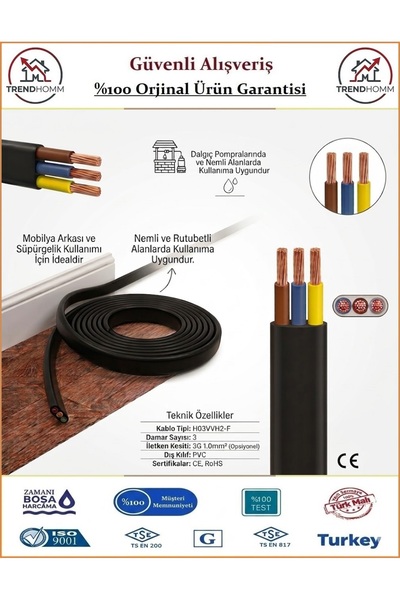 Trendhomm 3x1.5 TTR Yassı Elektrik Kablosu - %100 Bakır - 30 Metre