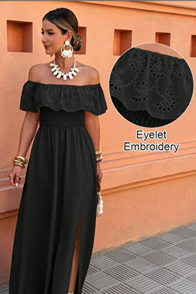 missamour Women's Madonna Collar Scallop Embroidered Summer Maxi Dress