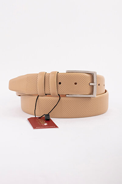 KASVA DERİ Dark Beige Leather Belt Dot Pattern Original Leather Belt 3.5 cm