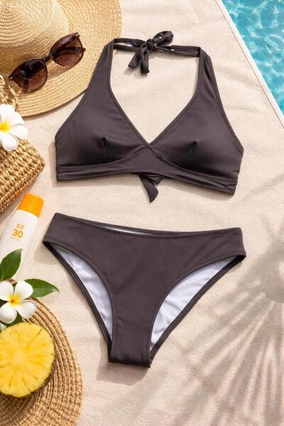 JUMALLİ Women's Brown Color Halter Neck Solid Color Summer Bikini Set