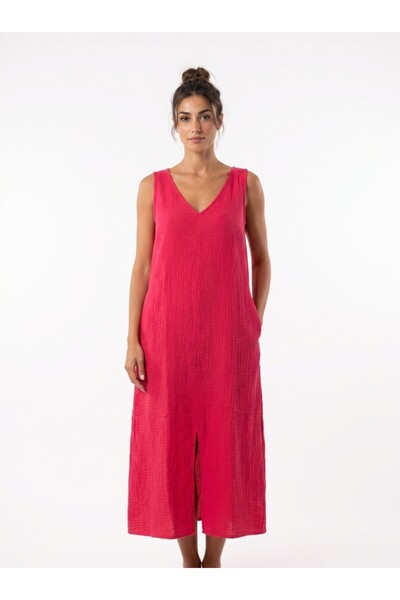 Mulberry Aydan Muslin Dress – V-Neck with Pockets, Comfortable Fit, Long Wome...