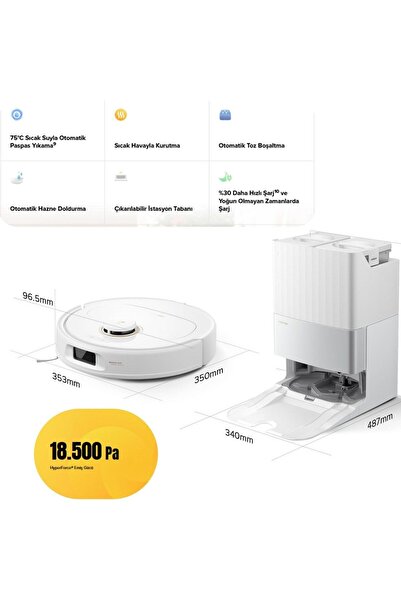Roborock 18500Pa HyperForce DuoDivide Çift Fırça FlexiArm Kenar Silme 75°C Sı...