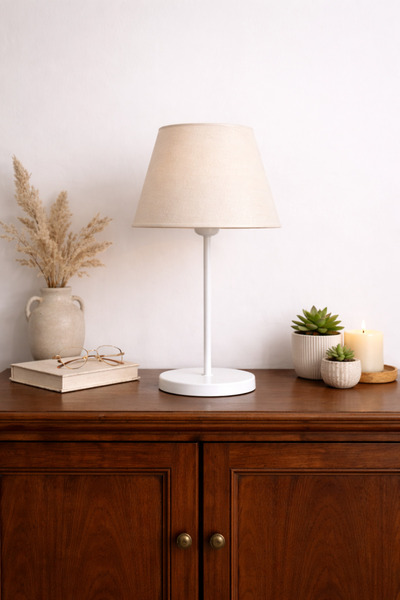 Eslight Abralight Modern Beyaz Ayak Masa Lambası Krem Kumaş Abajur C569