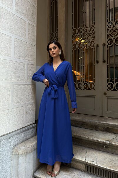 MyLoore Women's Saks Blue Belted Double Breasted Collar Maxi Chiffon Dress Ml...