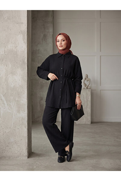 Foremia Roba Detail Muslin Trouser Suit-Black