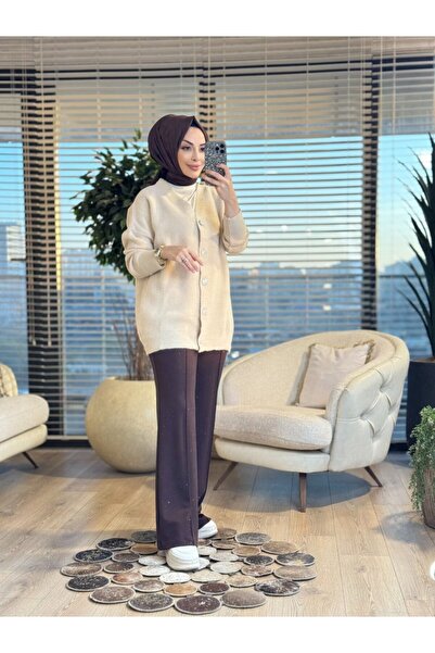 ALANURMODA 2957 Beard V-Neck Cardigan Beige