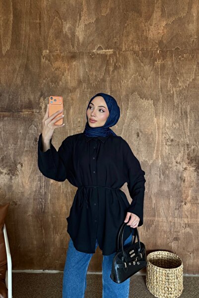 HYWONA قميص نسائي كبير الحجم من الموسلين القطني بنسبة 100%، تونيك أسود