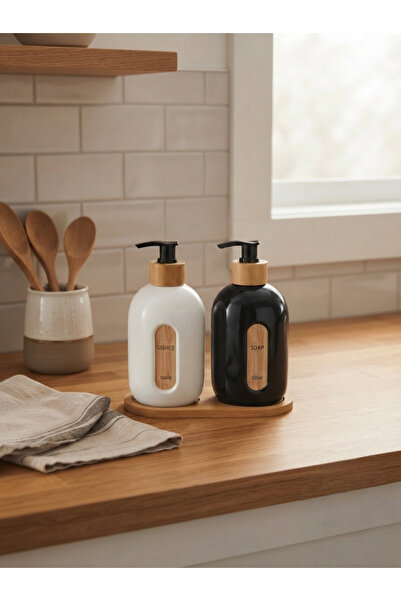 Le Paon Cam Sıvı Sabunluk Seti 500 ml 2'li Bambu Detaylı Mutfak ve Banyo Sabu...