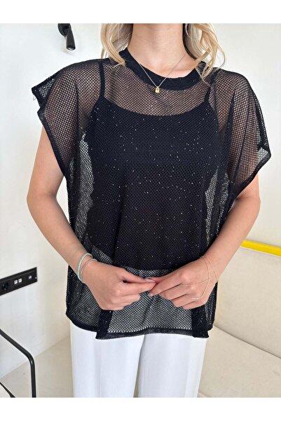 Bade Butik Black Sequined Openwork Lined Blouse