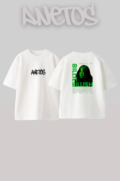 Anetos Billie Eilish_66 Λευκό μπλουζάκι με τυπωμένο σχέδιο Unisex Oversize