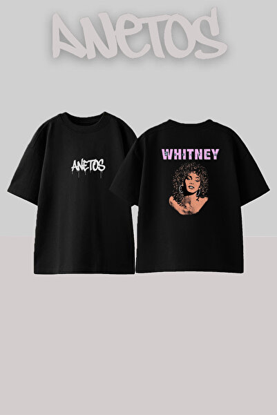 Anetos Μαύρο μπλουζάκι με στάμπα Whitney Houston Design, Unisex, Oversize Fit