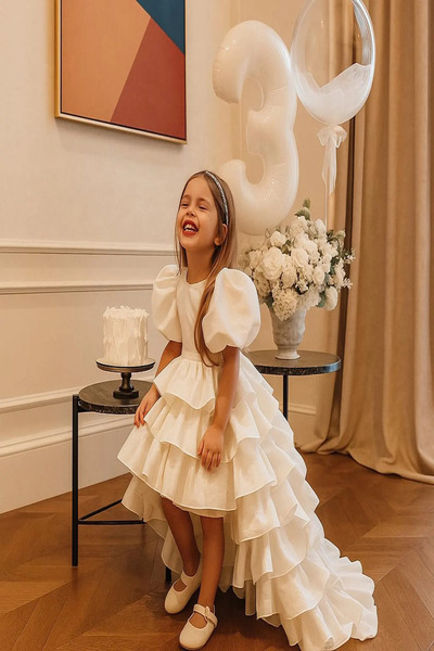 egolika kids Kız Çocuk Balon Kollu Kat Kat Fırfırlı Abiye Elbise