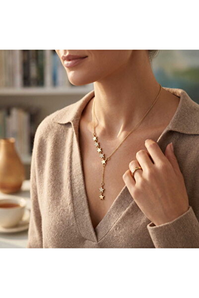 toptanhanem Minimalist Y Necklace with Star Detail and Zircon Stones - Gold C...
