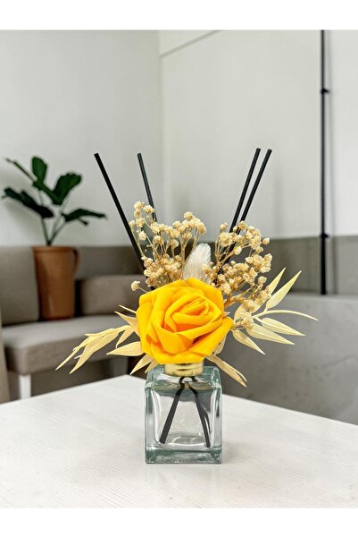 Dekoratif Çubuklu Oda Kokusu Cam Kare Şişe | Yapay Gül Süslemeli Reed Diffuser Oda Kokusu Şişesi Gold Kapak