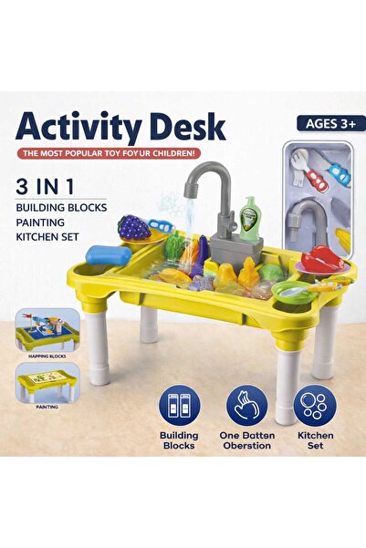 IQRAA 3-in-1 Kids Activity Desk Building Blocks Painting Kitchen Play Set