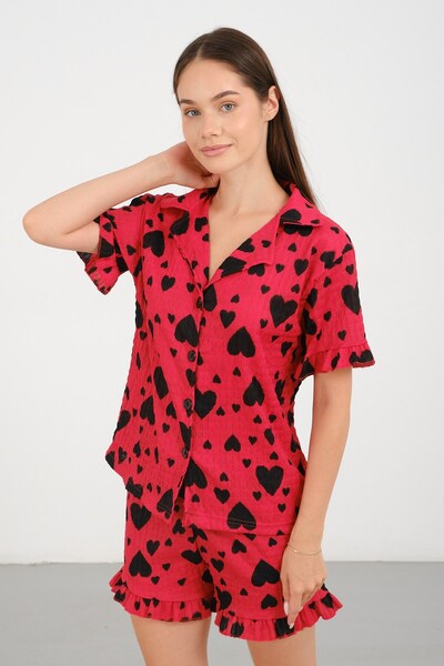 C&City Bürümcük Textured Buttoned Shorts Set Black Heart