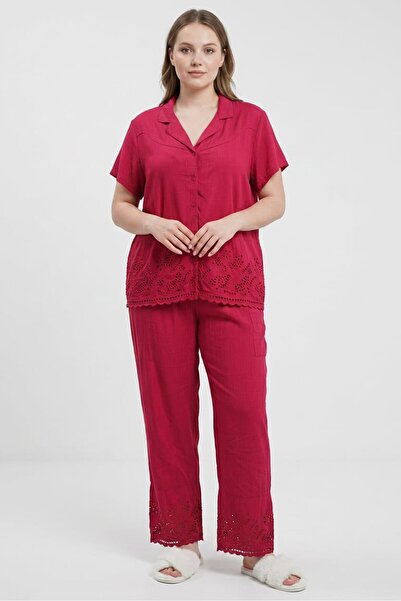 JASON WU Women 2 Pieces Eyelet Short Sleeve Shirt With Pants Coord Set, Burgundy