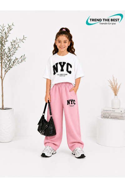 TREND THE BEST Trendin En İyisi Summer Girls' Nyc Printed Pink Sweatpants and...