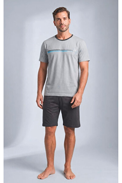 embody Men’s Short-Sleeved Cotton Pyjamas, Summer Set, grey top and shorts, s...