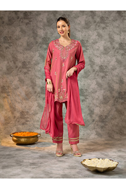 Silver Lime By Styli Pink Zari Embroidered Kurta, Pants and Dupatta Set