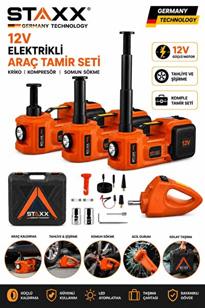 STAXX POWER Premium Muhteşem Süper Kriko Seti Elektrikli Kriko Kompresör Bijo...